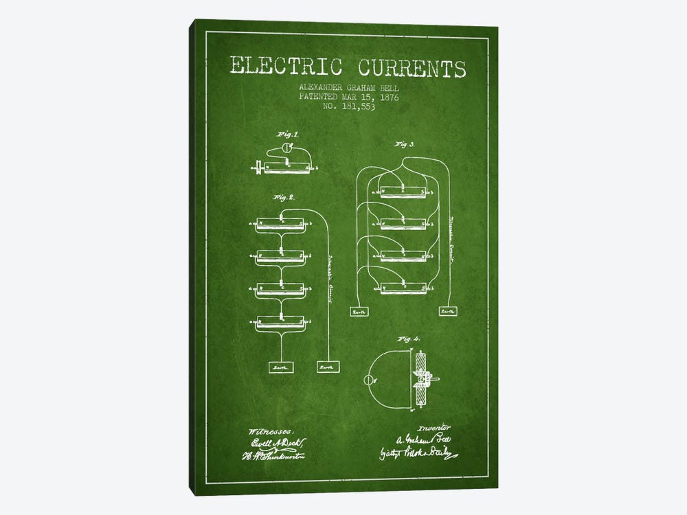 Electric Currents Green Patent Blueprint by Aged Pixel 1-piece Canvas Wall Art