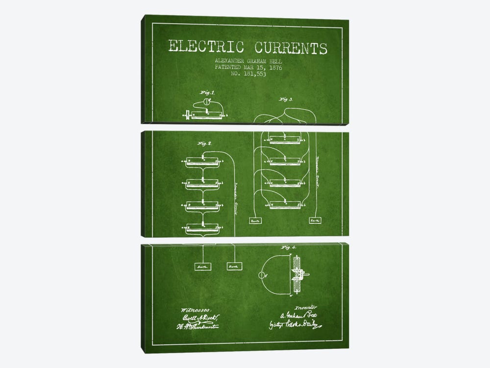 Electric Currents Green Patent Blueprint by Aged Pixel 3-piece Canvas Wall Art