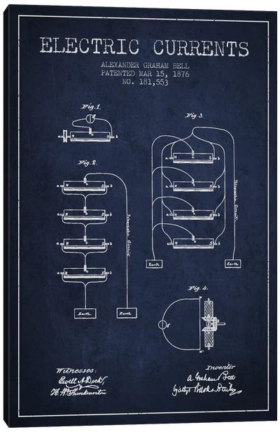 Electric Currents Navy Blue Patent Blueprint Canvas Art Print - Electronics & Communication Blueprints