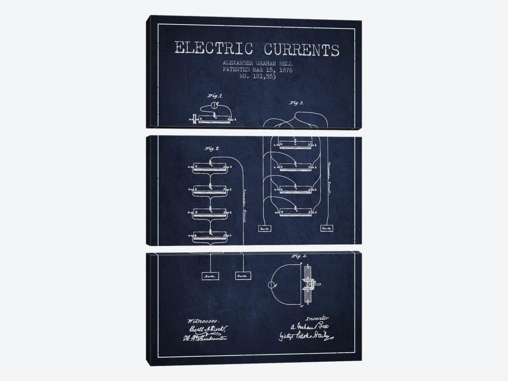 Electric Currents Navy Blue Patent Blueprint by Aged Pixel 3-piece Canvas Print