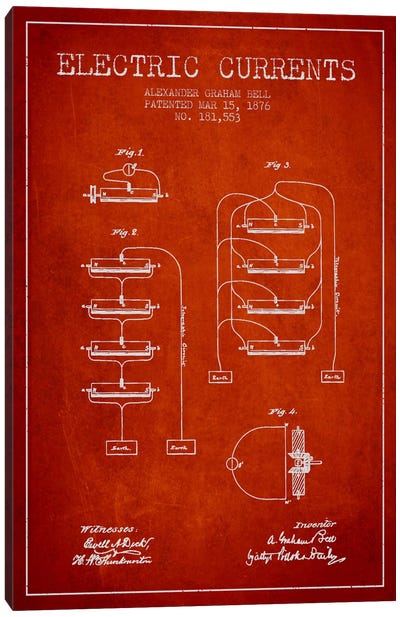 Electric Currents Red Patent Blueprint Canvas Art Print - Electronics & Communication Blueprints