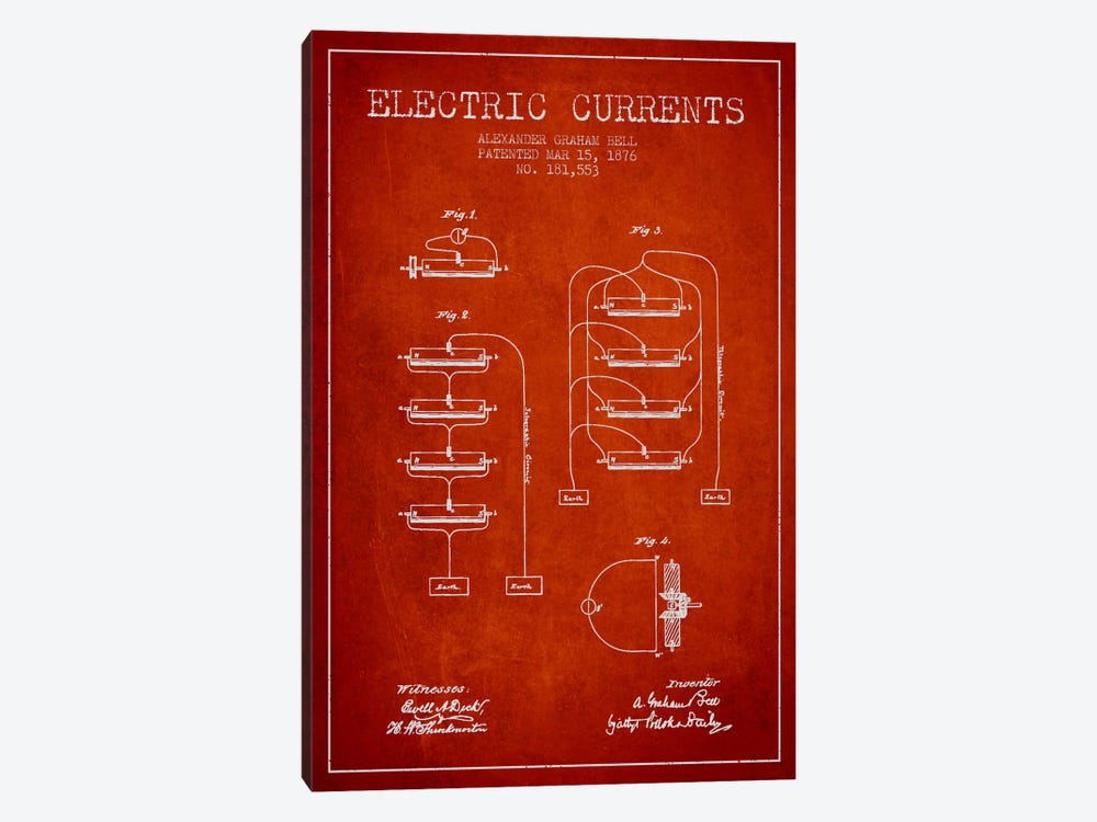 Electric Currents Red Patent Blueprint by Aged Pixel 1-piece Canvas Wall Art