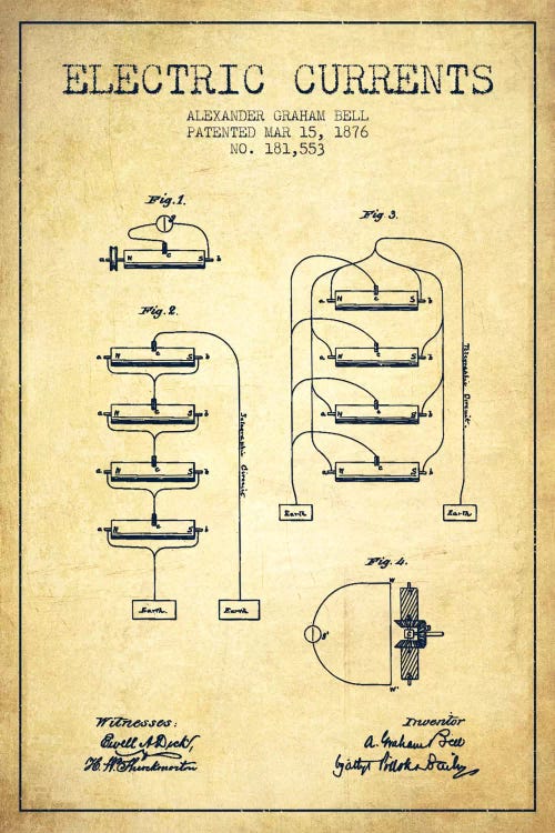 Electric Currents Vintage Patent Blueprint by Aged Pixel wall art