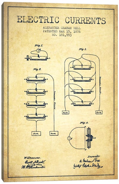 Electric Currents Vintage Patent Blueprint Canvas Art Print - Electronics & Communication Blueprints
