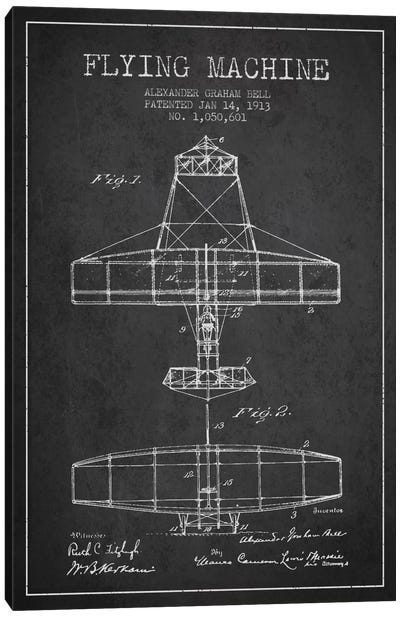 Flying Machine Charcoal Patent Blueprint Canvas Art Print - Aged Pixel: Aviation