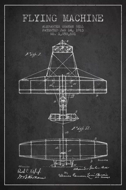 Flying Machine Charcoal Patent Blueprint