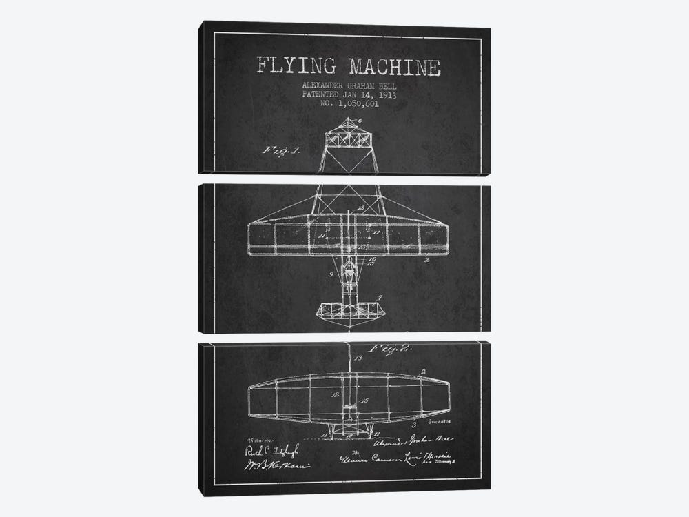 Flying Machine Charcoal Patent Blueprint by Aged Pixel 3-piece Canvas Artwork