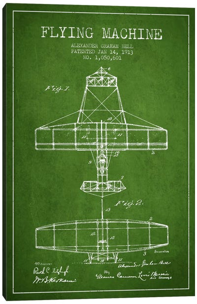 Flying Machine Green Patent Blueprint Canvas Art Print - Aviation Blueprints