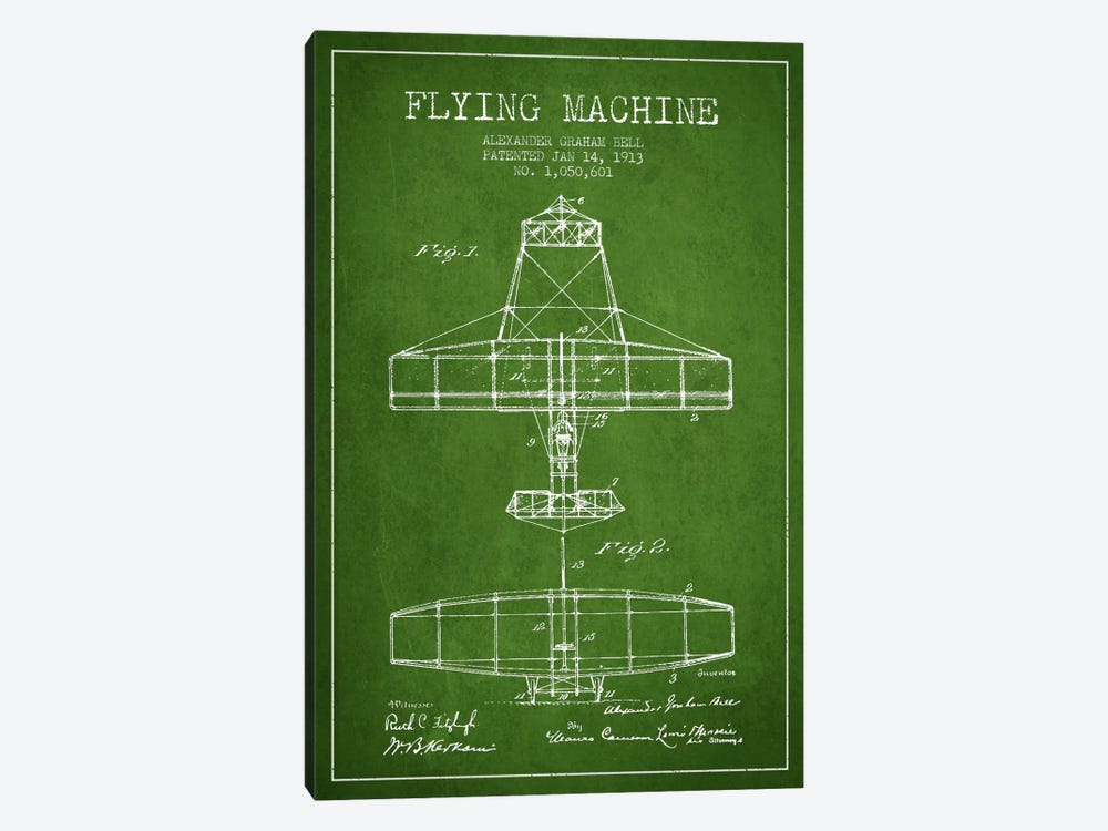 Flying Machine Green Patent Blueprint by Aged Pixel 1-piece Canvas Art Print
