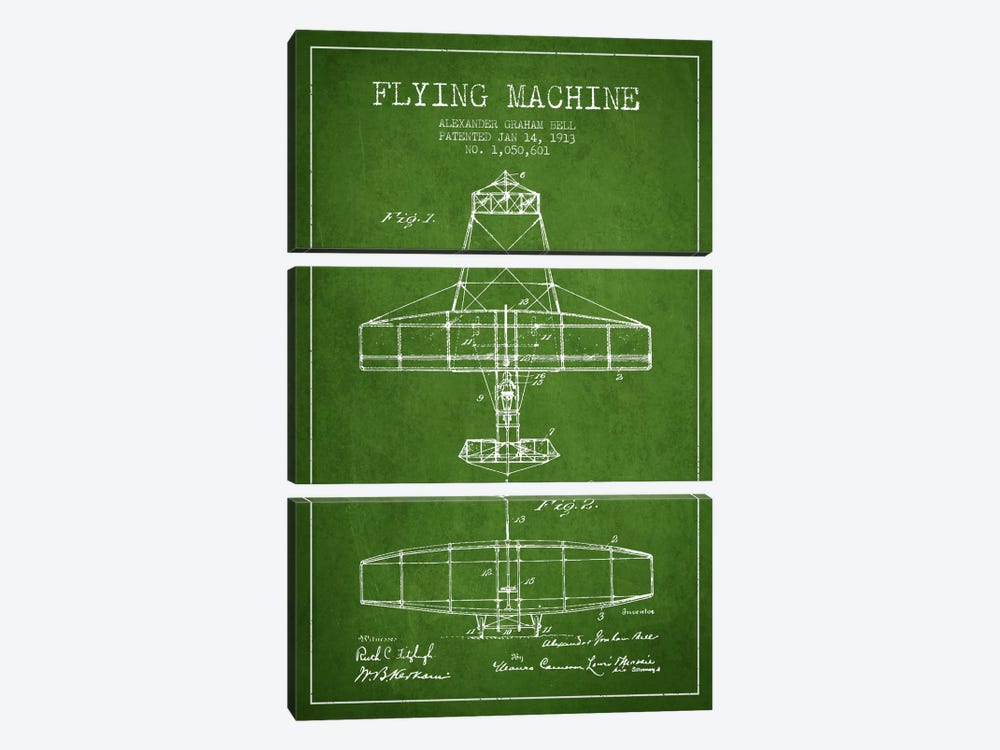 Flying Machine Green Patent Blueprint by Aged Pixel 3-piece Canvas Art Print