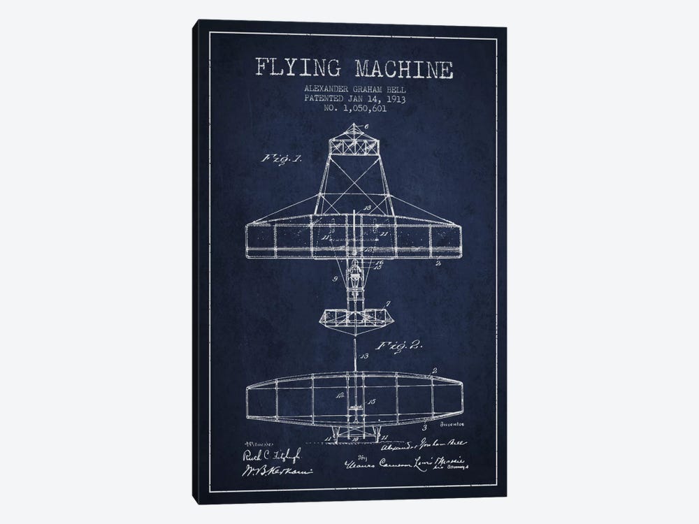 Flying Machine Navy Blue Patent Blueprint by Aged Pixel 1-piece Canvas Wall Art