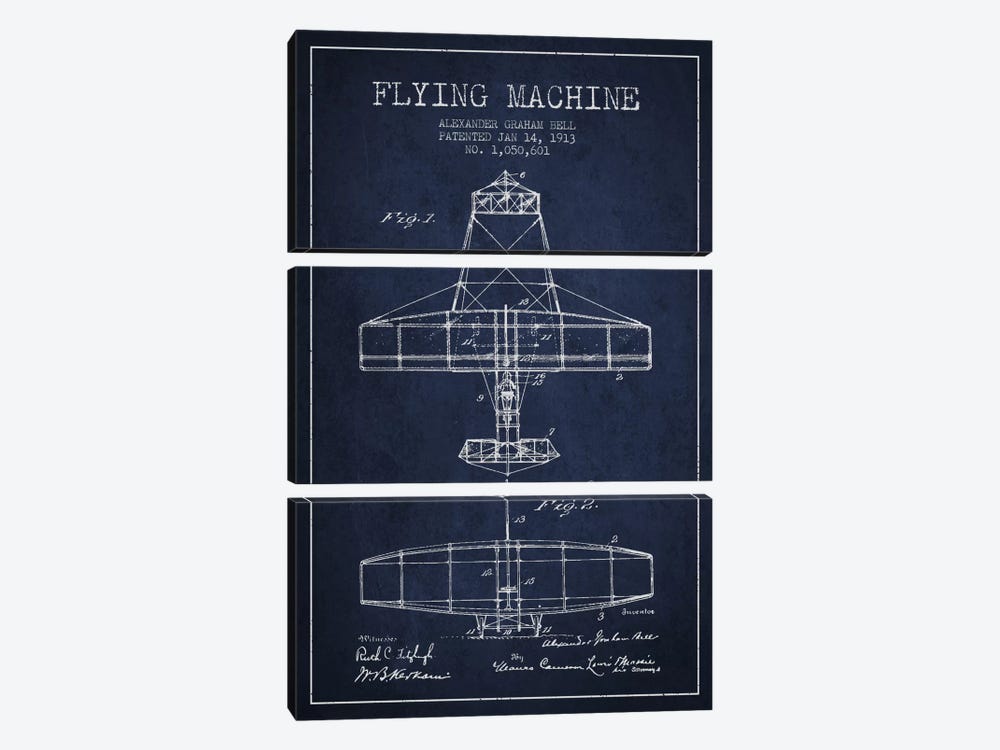 Flying Machine Navy Blue Patent Blueprint by Aged Pixel 3-piece Canvas Wall Art