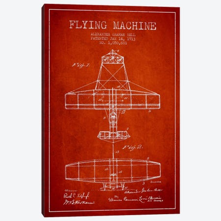 Flying Machine Red Patent Blueprint Canvas Print #ADP469} by Aged Pixel Canvas Art Print