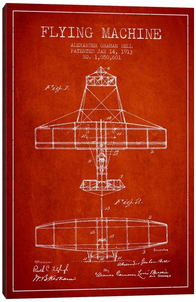 Flying Machine Red Patent Blueprint Canvas Art Print - Aged Pixel: Aviation