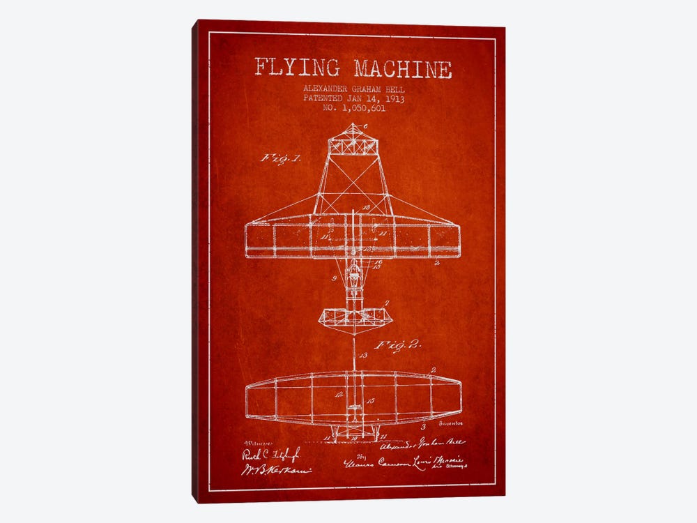 Flying Machine Red Patent Blueprint by Aged Pixel 1-piece Canvas Print