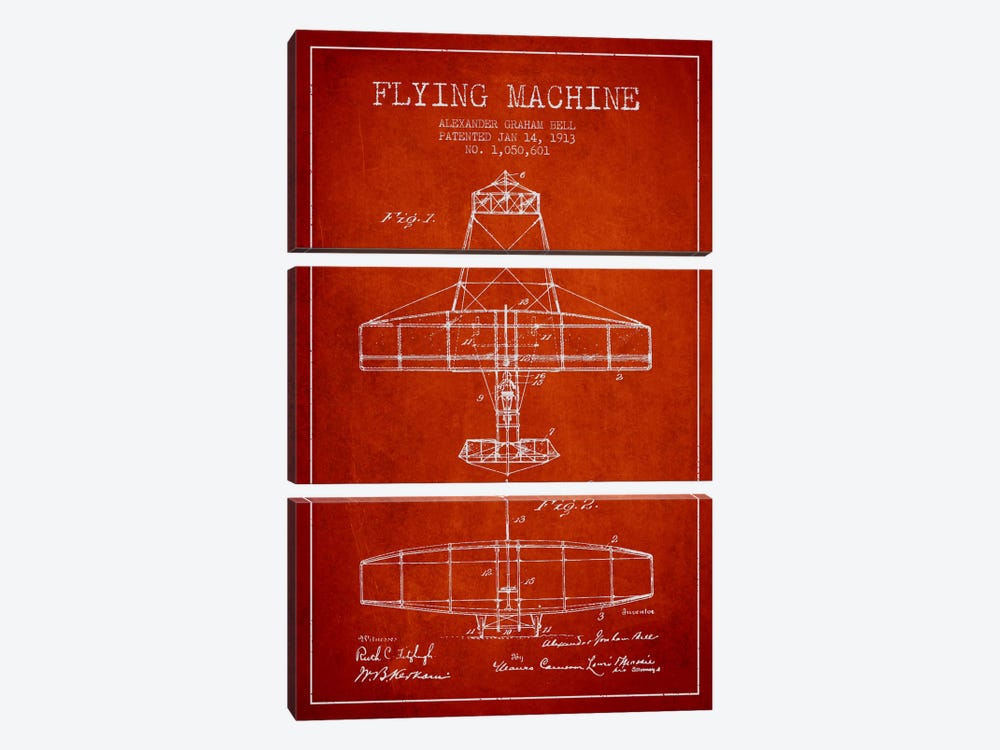 Flying Machine Red Patent Blueprint by Aged Pixel 3-piece Art Print