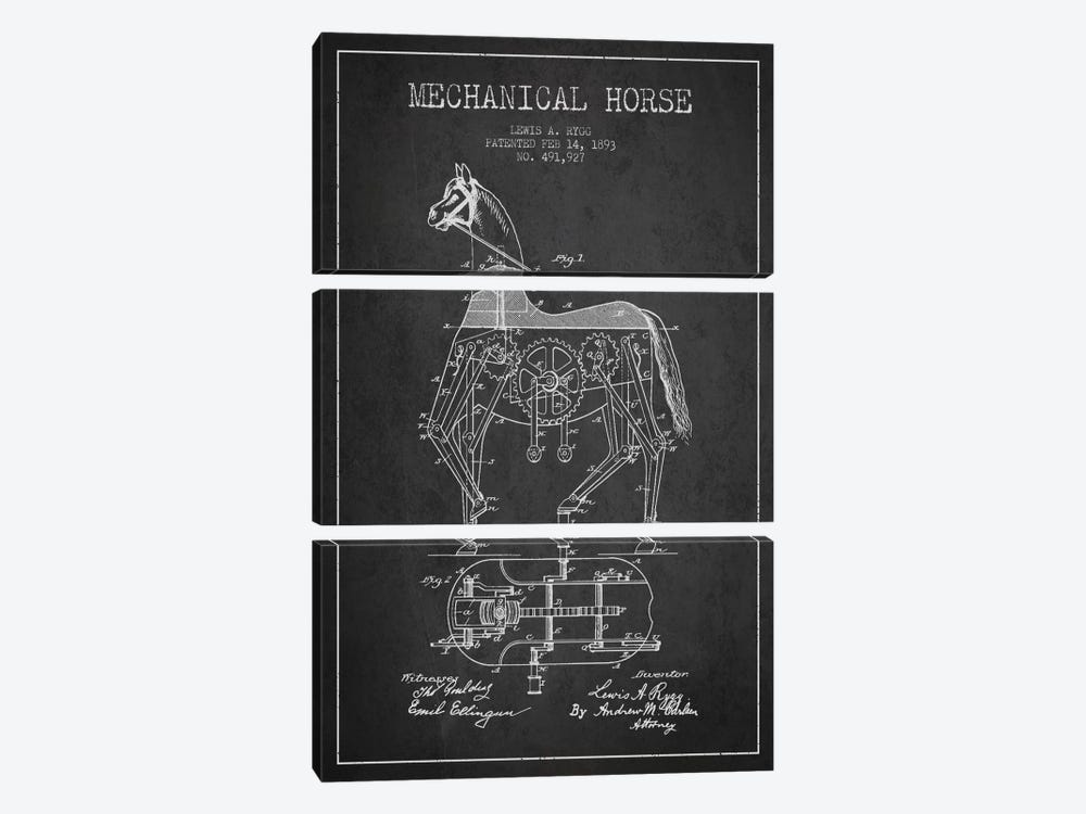 Mechanical Horse Dark Patent Blueprint by Aged Pixel 3-piece Art Print