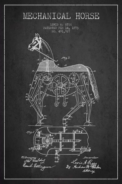 Black & White Pop Culture Art: Mechanical Horse Dark Patent Blueprint by Aged Pixel