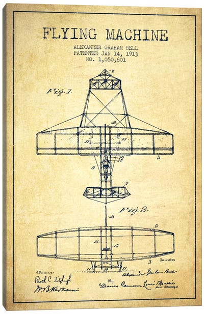 Flying Machine Vintage Patent Blueprint Canvas Art Print - Aged Pixel: Aviation