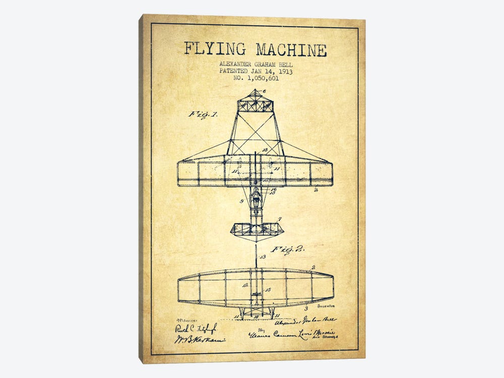 Flying Machine Vintage Patent Blueprint by Aged Pixel 1-piece Canvas Print