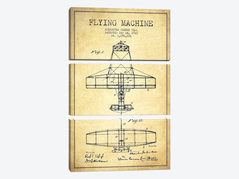 Flying Machine Vintage Patent Blueprint by Aged Pixel 3-piece Canvas Art Print