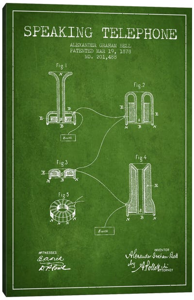 Speaking Telephone Green Patent Blueprint Canvas Art Print - Electronics & Communication Blueprints