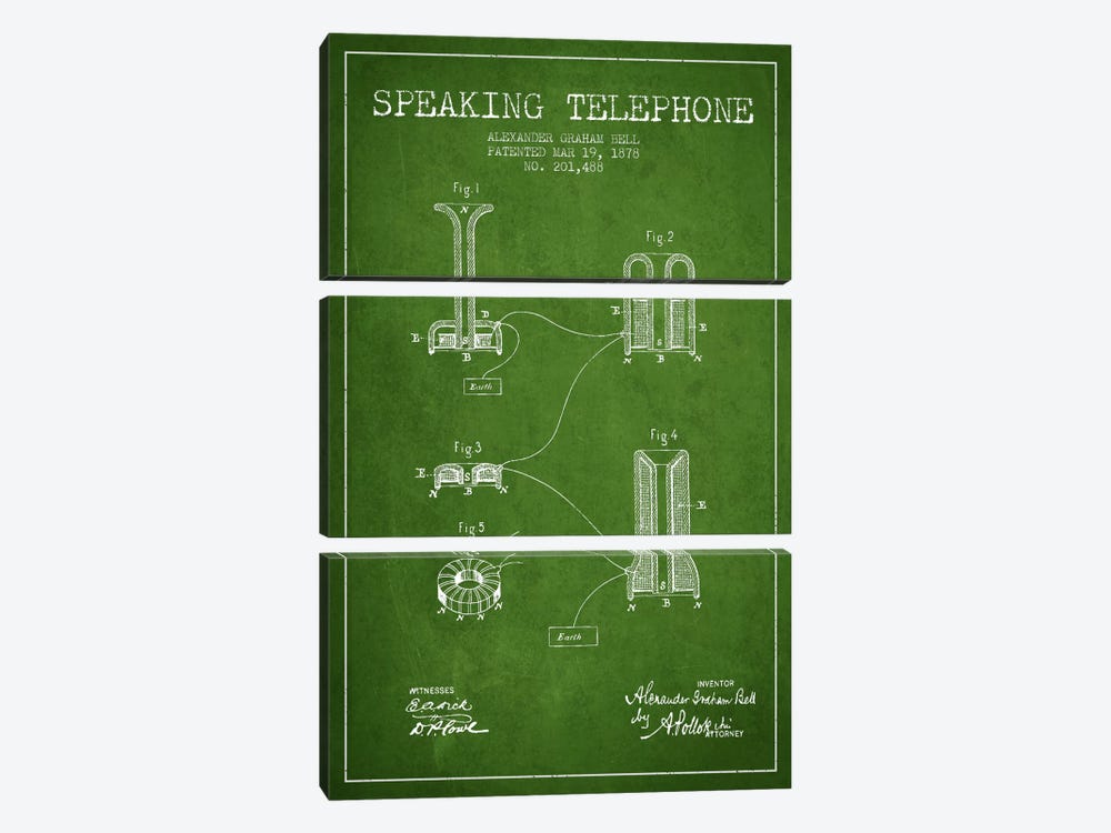Speaking Telephone Green Patent Blueprint by Aged Pixel 3-piece Canvas Print