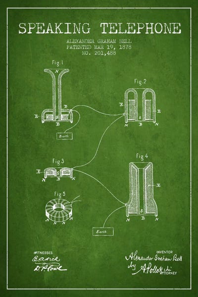 Electronics & Communication Blueprints: Speaking Telephone Green Patent Blueprint by Aged Pixel
