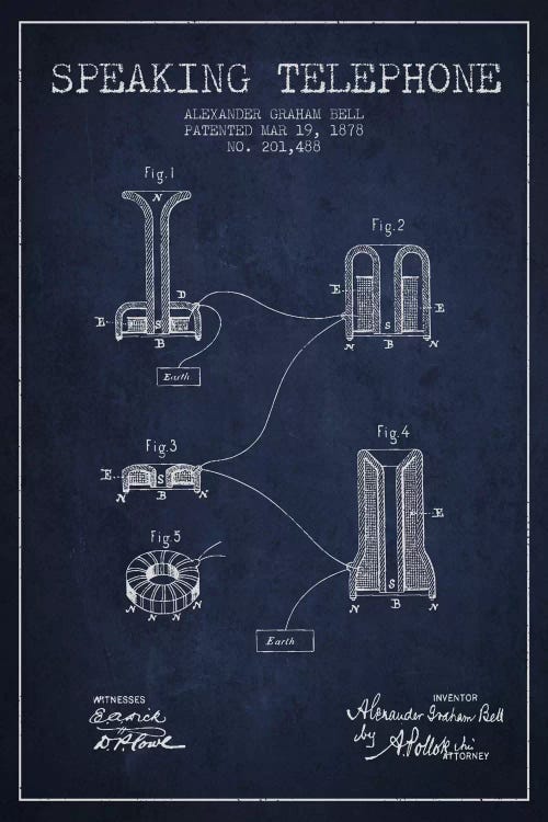 Speaking Telephone Navy Blue Patent Blueprint by Aged Pixel wall art