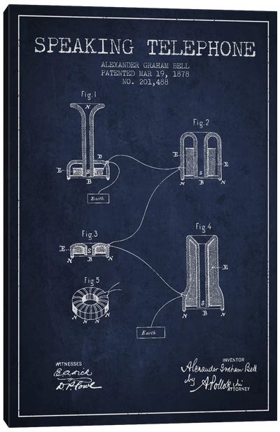Speaking Telephone Navy Blue Patent Blueprint Canvas Art Print - Electronics & Communication Blueprints