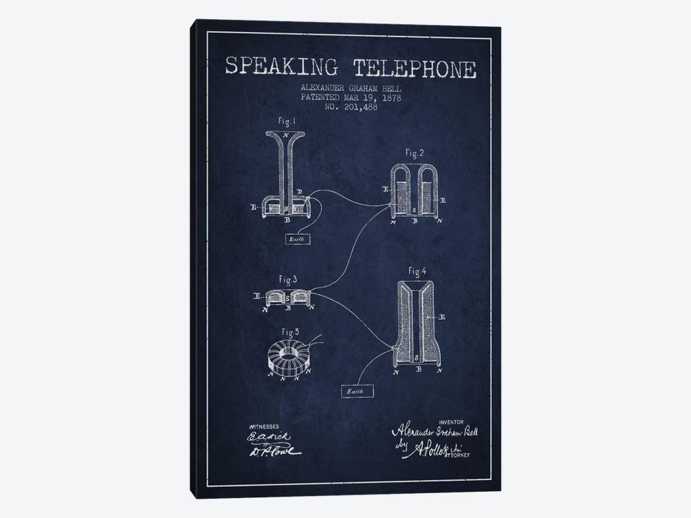 Speaking Telephone Navy Blue Patent Blueprint by Aged Pixel 1-piece Canvas Wall Art