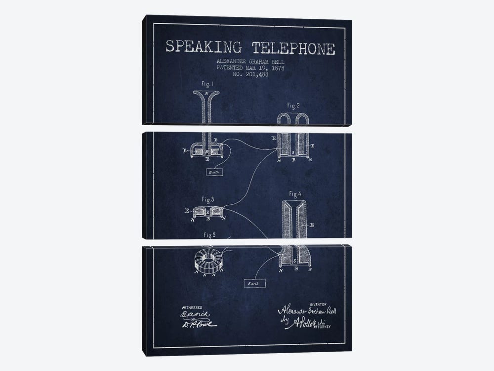 Speaking Telephone Navy Blue Patent Blueprint by Aged Pixel 3-piece Canvas Wall Art