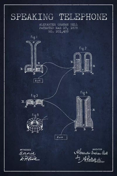Electronics & Communication Blueprints: Speaking Telephone Navy Blue Patent Blueprint by Aged Pixel