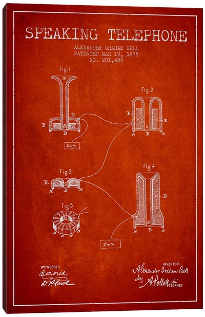 Speaking Telephone Red Patent Blueprint Canvas Art Print - Electronics & Communication Blueprints