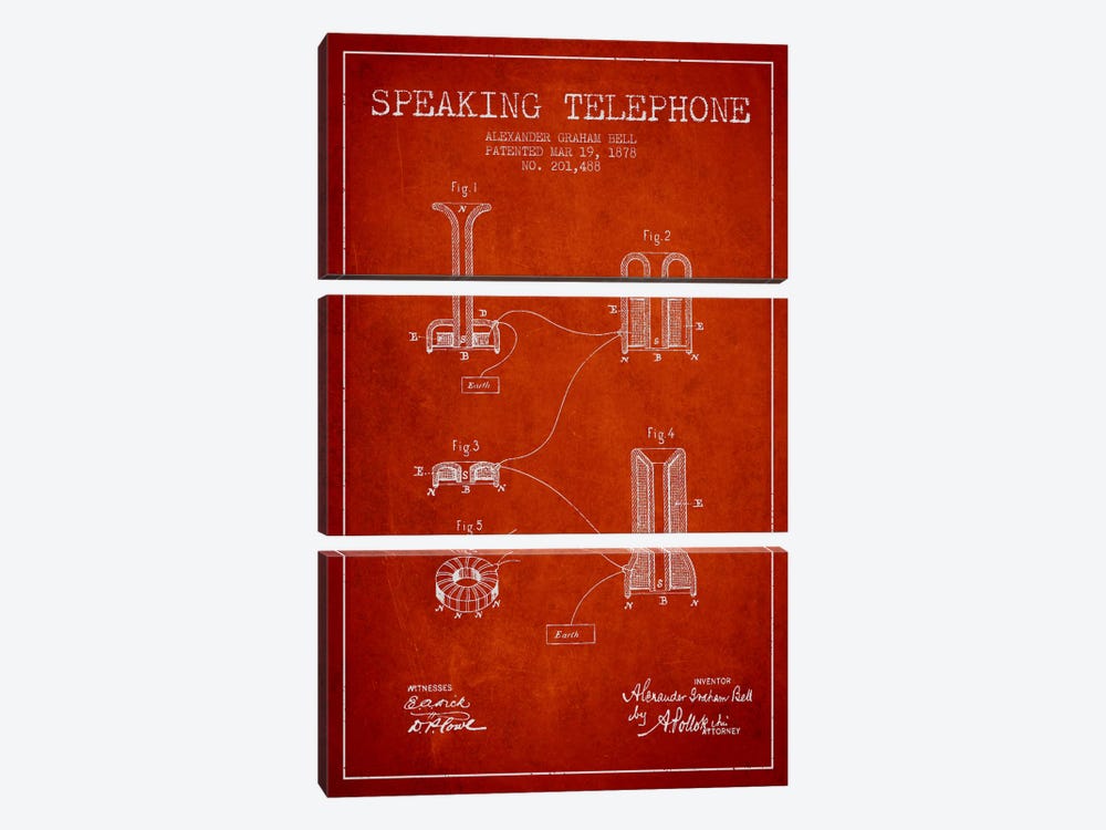 Speaking Telephone Red Patent Blueprint 3-piece Canvas Print