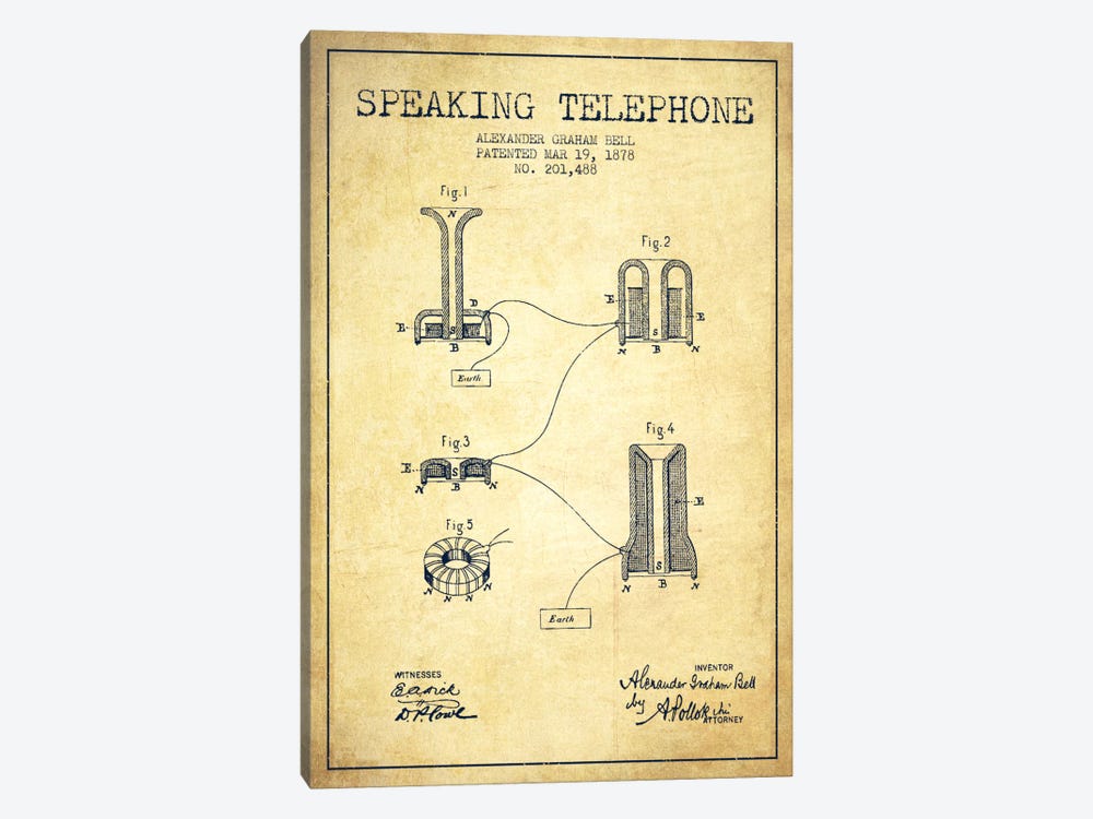 Speaking Telephone Vintage Patent Blueprint by Aged Pixel 1-piece Canvas Artwork