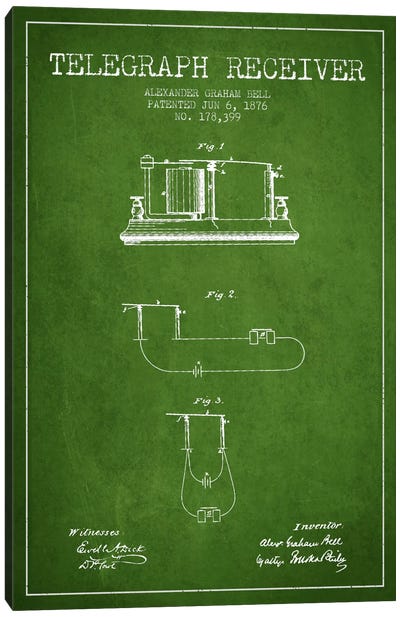Telegraph Receiver Green Patent Blueprint Canvas Art Print - Aged Pixel: Electronics & Communication