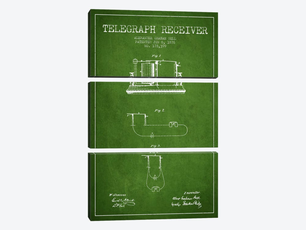 Telegraph Receiver Green Patent Blueprint by Aged Pixel 3-piece Canvas Artwork