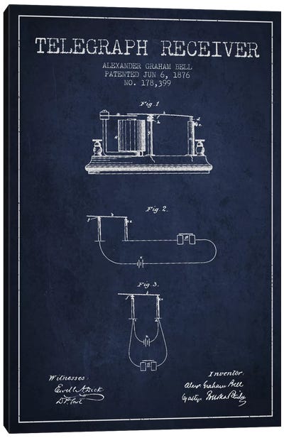 Telegraph Receiver Navy Blue Patent Blueprint Canvas Art Print - Aged Pixel