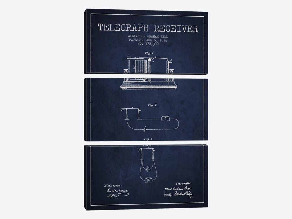 Telegraph Receiver Navy Blue Patent Blueprint by Aged Pixel 3-piece Canvas Print