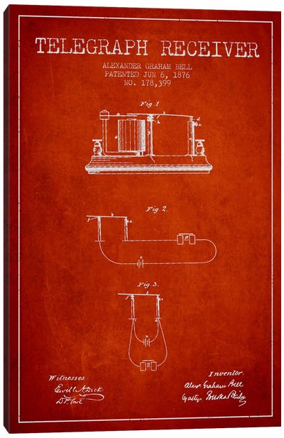 Telegraph Receiver Red Patent Blueprint Canvas Art Print - Electronics & Communication Blueprints