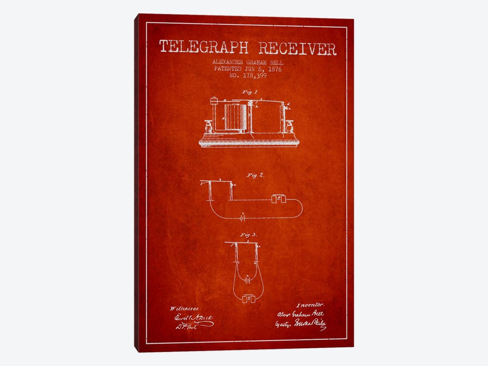 Telegraph Receiver Red Patent Blueprint by Aged Pixel 1-piece Canvas Wall Art