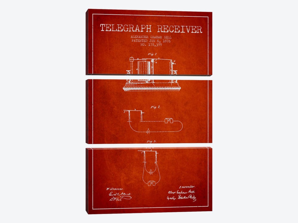Telegraph Receiver Red Patent Blueprint by Aged Pixel 3-piece Canvas Artwork