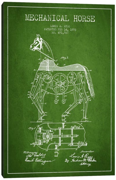 Mechanical Horse Green Patent Blueprint Canvas Art Print - Toys