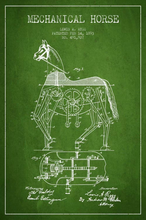 Mechanical Horse Green Patent Blueprint by Aged Pixel wall art