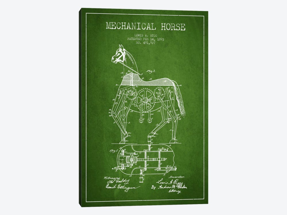 Mechanical Horse Green Patent Blueprint by Aged Pixel 1-piece Canvas Art