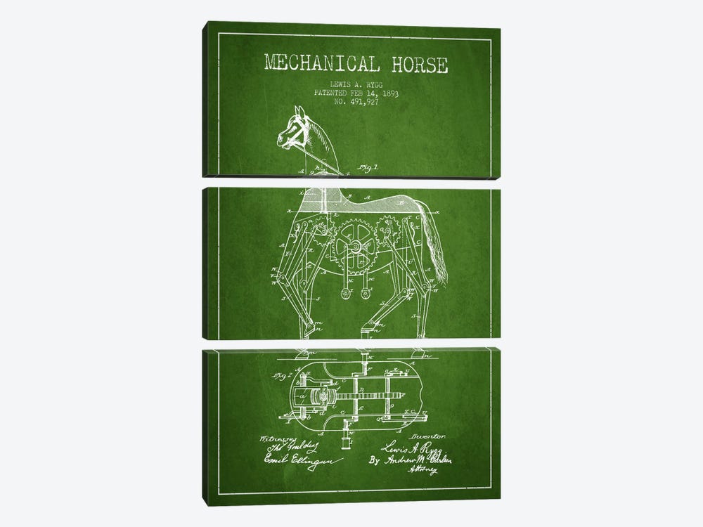 Mechanical Horse Green Patent Blueprint by Aged Pixel 3-piece Canvas Wall Art