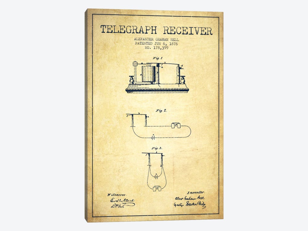 Telegraph Receiver Vintage Patent Blueprint by Aged Pixel 1-piece Canvas Artwork