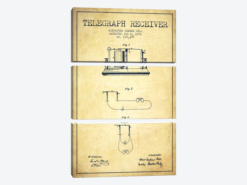 Telegraph Receiver Vintage Patent Blueprint by Aged Pixel 3-piece Canvas Art