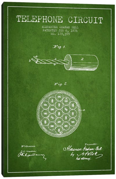 Telephone Circuit Green Patent Blueprint Canvas Art Print - Electronics & Communication Blueprints